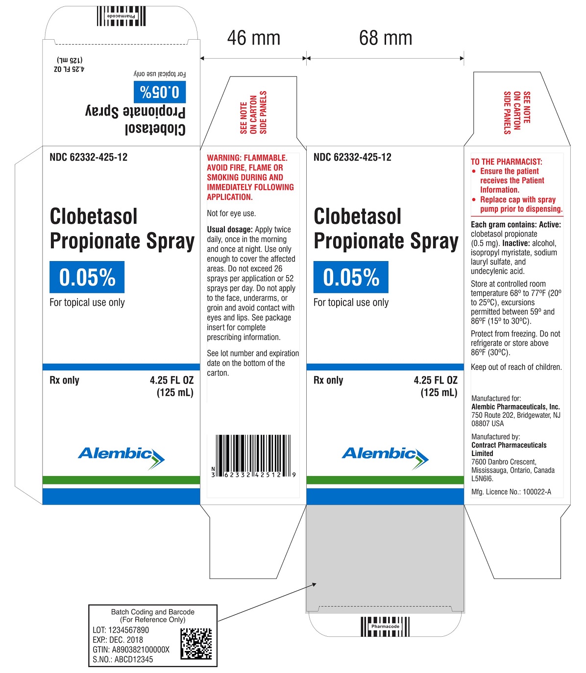 Rx Only 

NDC: <a href=/NDC/62332-425-12>62332-425-12</a>

Clobetasol Propionate

Spray

0.05%

For topical use only

4.25 FL OZ
					(125 mL)