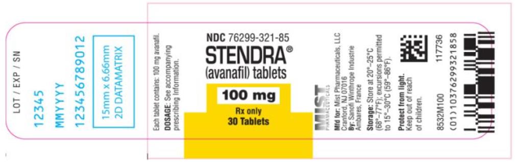 PRINCIPAL DISPLAY PANEL
NDC: <a href=/NDC/76299-321-85>76299-321-85</a>
STENDRA
(avanafil) tablets
100 mg
Rx Only
30 Tablets
