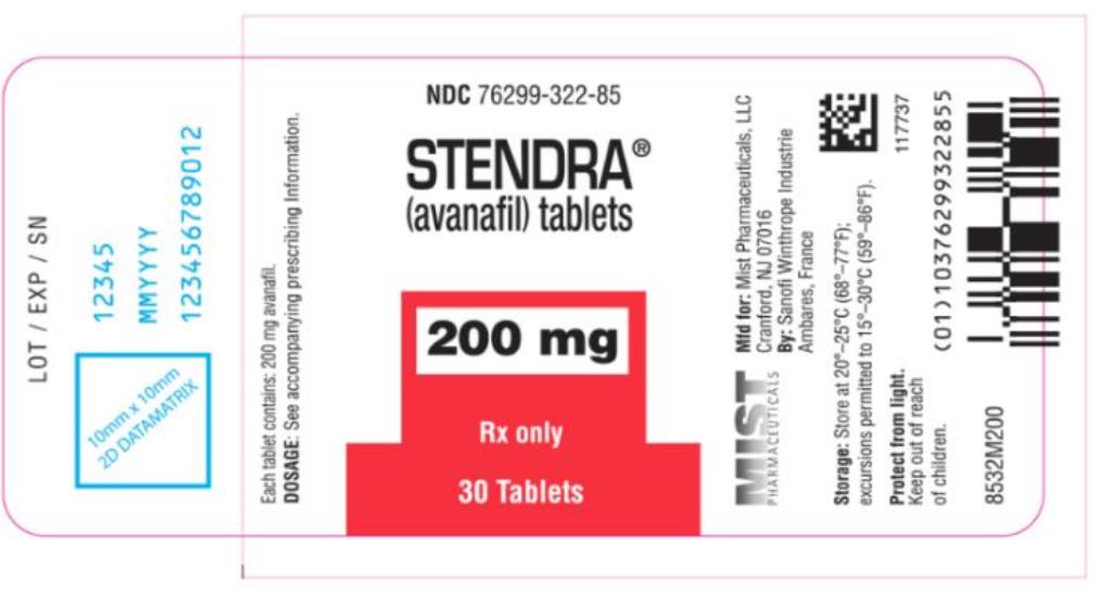 PRINCIPAL DISPLAY PANEL
NDC: <a href=/NDC/76299-322-85>76299-322-85</a>
STENDRA
(avanafil) tablets
200 mg
Rx Only
30 Tablets
