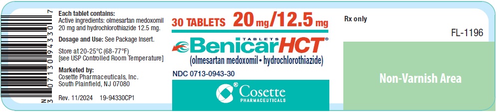 PRINCIPAL DISPLAY PANEL NDC: <a href=/NDC/0713-0943-30>0713-0943-30</a> TABLETS Benicar HCT (olmesartan medoxomil and hydrochlorothiazide) 20 mg / 12.5 mg 30 TABLETS Rx only