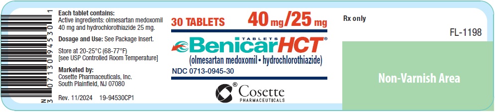 PRINCIPAL DISPLAY PANEL NDC: <a href=/NDC/0713-0945-30>0713-0945-30</a> TABLETS Benicar HCT (olmesartan medoxomil and hydrochlorothiazide) 40 mg / 25 mg 30 TABLETS Rx only