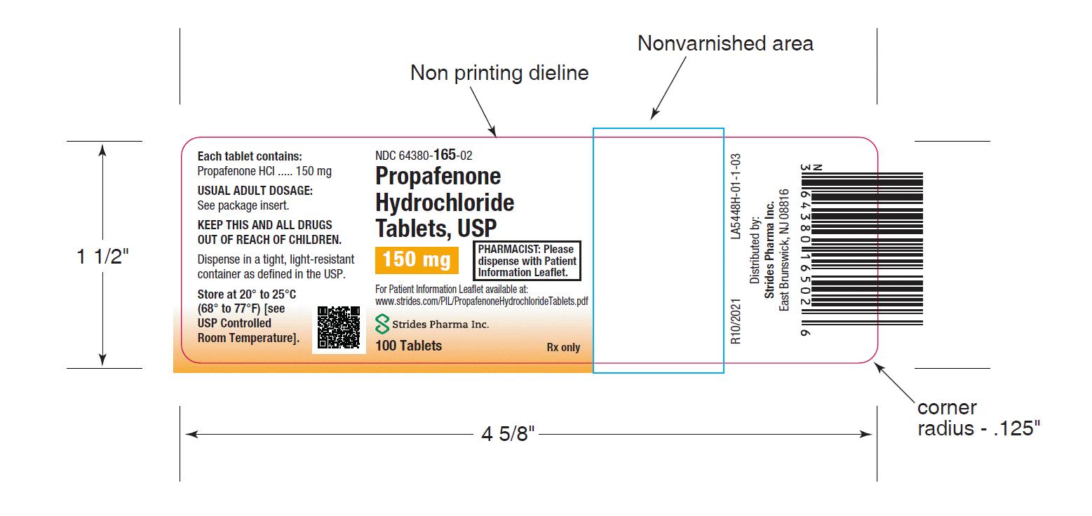 The is an image of the Propafenone HCl Tablet label 150 mg 100 count.