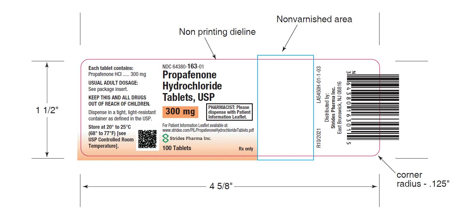 The is an image of the Propafenone HCl Tablet label 300 mg 100 count.