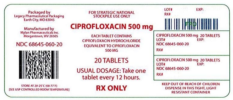 NDC: <a href=/NDC/68645-060-20>68645-060-20</a> Ciprofloxacin 500mg 20 Tablets Rx Only