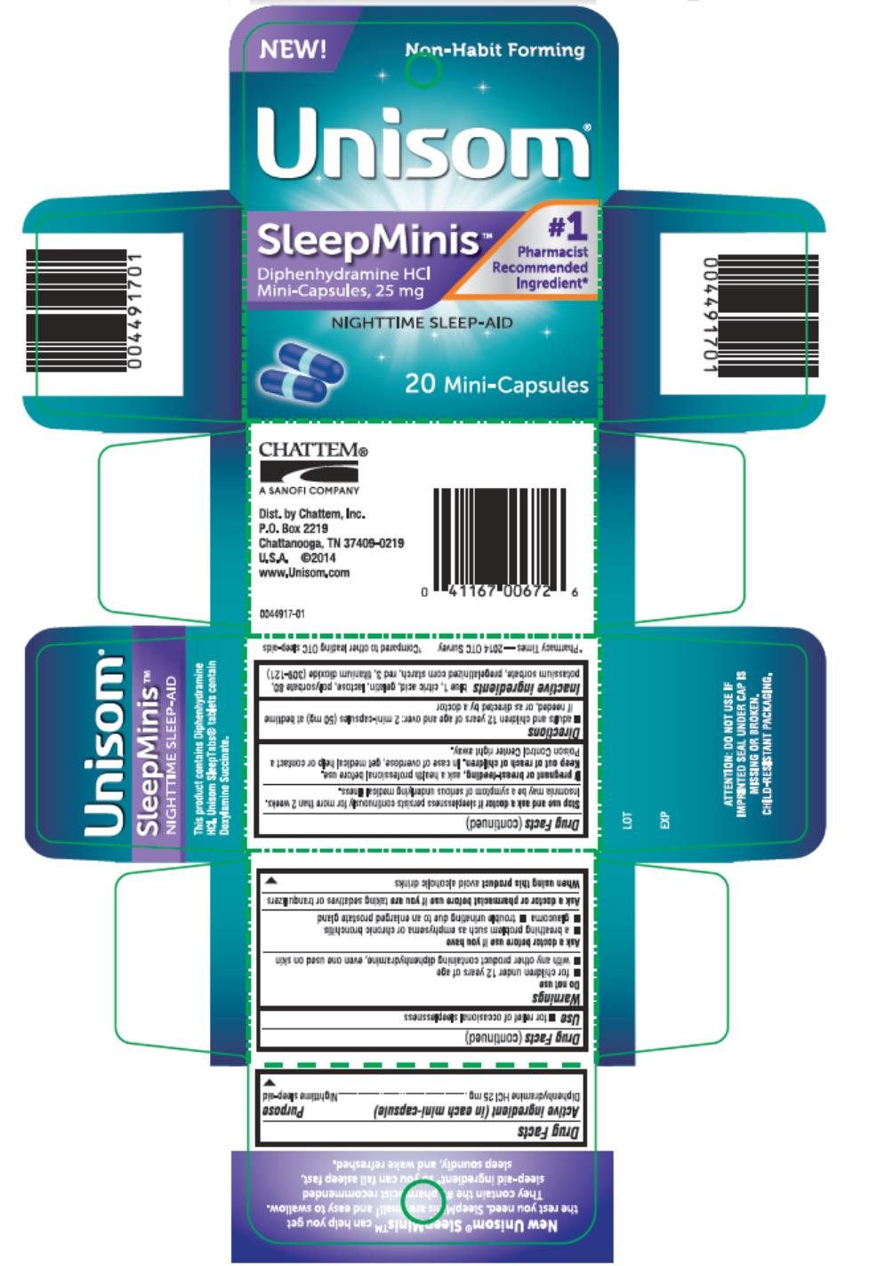 Unisom
#1 Pharmacist Recommended Ingredient*  
SleepMinis
Diphenhydramine HCI 
Mini-Capsules, 25 mg
NIGHTTIME SLEEP-AID
20 Mini-Capsules
