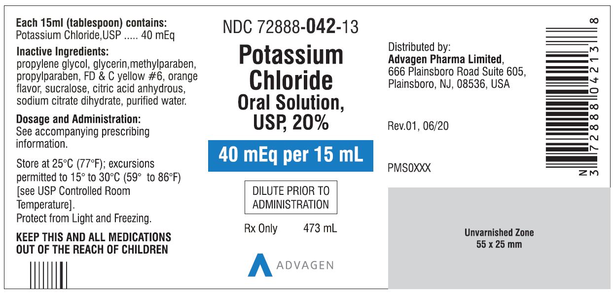Potassium Chloride Oral Solution USP, 20% (40 mEq per 15 mL) - NDC72888-042-13 Bottle of 473 mL