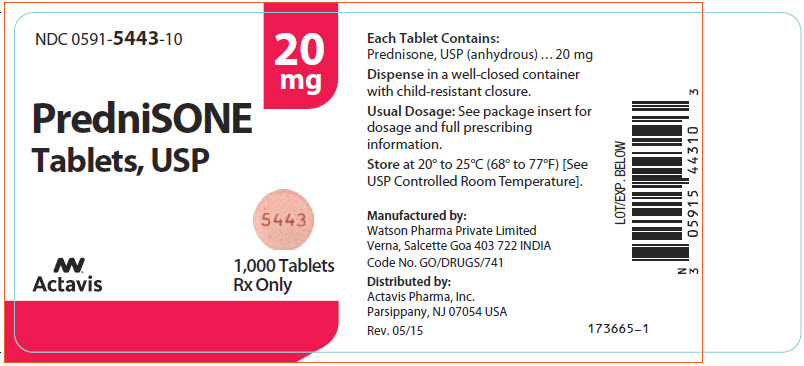 NDC: <a href=/NDC/0591-5443-10>0591-5443-10</a> PredniSONE Tablets, USP 20 mg 1,000 Tablets Rx only