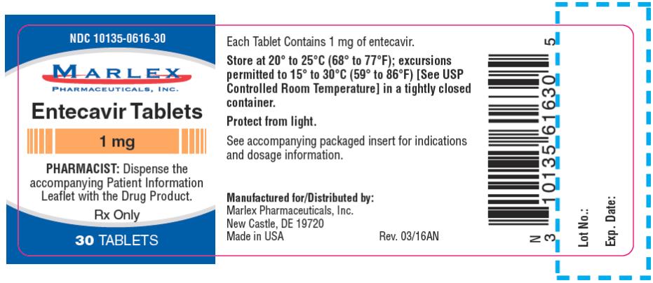 PRINCIPAL DISPLAY PANEL
NDC: <a href=/NDC/10135-0616-3>10135-0616-3</a>0
Marlex
Entecavir Tablets
1 mg
30 Tablets
