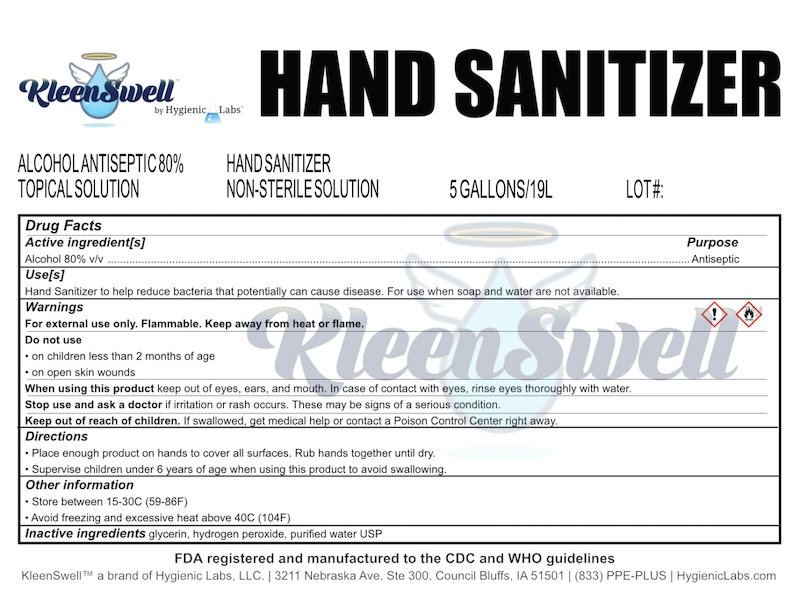 KleenSwell - 5 gallon hand sanitizer label