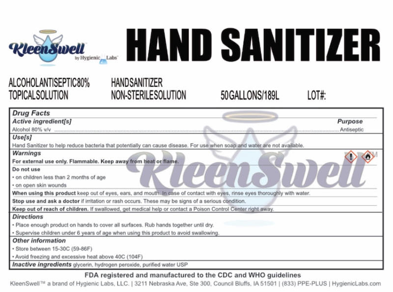 KleenSwell - 50 gallon hand sanitizer label