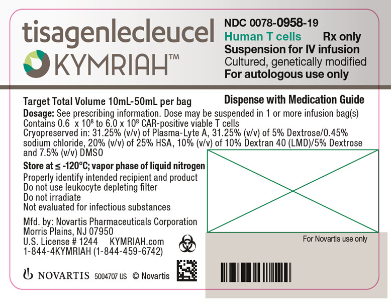 PRINCIPAL DISPLAY PANEL
								tisagenlecleucel
								KYMRIAHtm
								NDC: <a href=/NDC/0078-0958-19>0078-0958-19</a>
								Human T cells
								Rx only 
								Suspension for IV infusion
								Cultured, genetically modified
								For autologous use only
								Dispense with Medication Guide
								Novartis
							