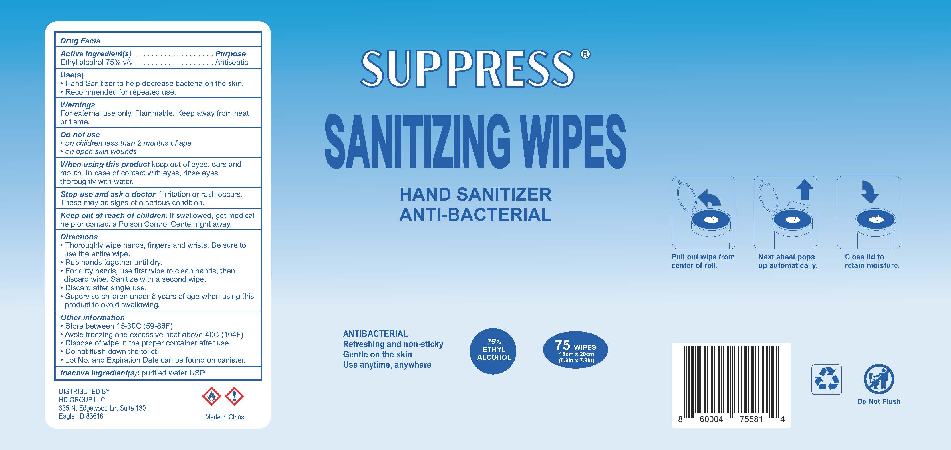 SUPPRESS Hand Sanitizing Wipes- 75 Label