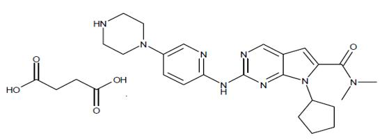 The Following chemical structure of KISQALI film-coated tablets are supplied for oral administration and contain 200 mg of ribociclib free base (equivalent to 254.40 mg ribociclib succinate). The tablets also contain colloidal silicon dioxide, crospovidone, hydroxypropylcellulose, magnesium stearate and microcrystalline cellulose. The film-coating contains iron oxide black, iron oxide red, lecithin (soya), polyvinyl alcohol (partially hydrolysed), talc, titanium dioxide, and xanthan gum as inactive ingredients. 