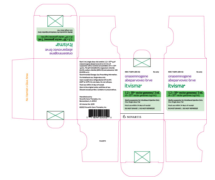 PRINCIPAL DISPLAY PANEL
NDC: <a href=/NDC/71894-200-02>71894-200-02</a>
Rx only
onasemnogene
abeparvovec-brve
itvisma®
Injection
1.2 × 1014 vector genomes/ 3 mL
(4 x 1013 vector genomes (vg)/mL)
Sterile solution for Intrathecal Injection Only
One Single-dose Vial
Must use within 14 days of receipt
DO NOT SHAKE | DO NOT REFREEZE
NOVARTIS