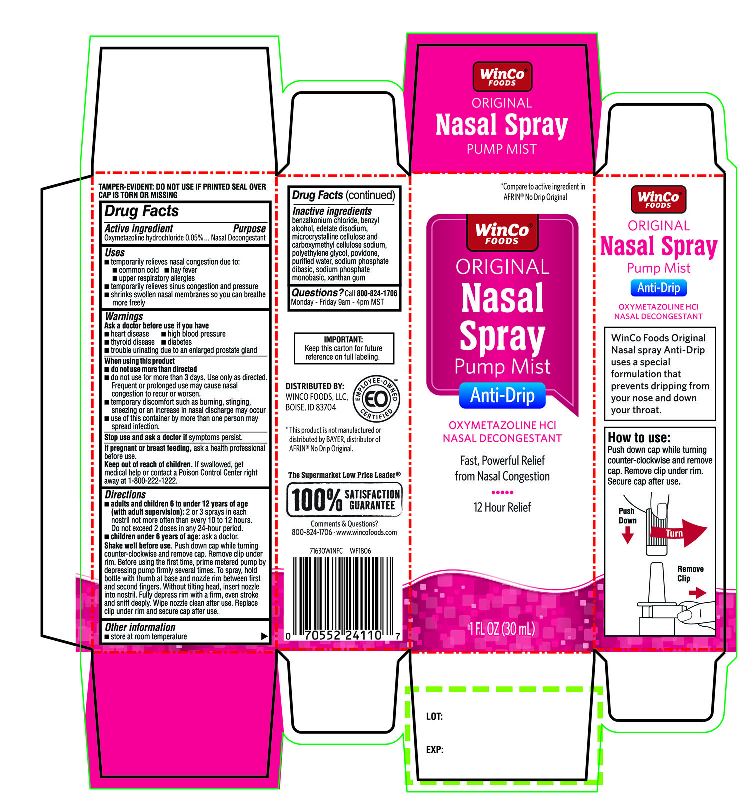WinCo FOODS ORIGINAL Nasal Spray Pump Mist Anti-Drip  Oxymetazoline HCl  Nasal Decongestant 1 FL OZ (30 mL)