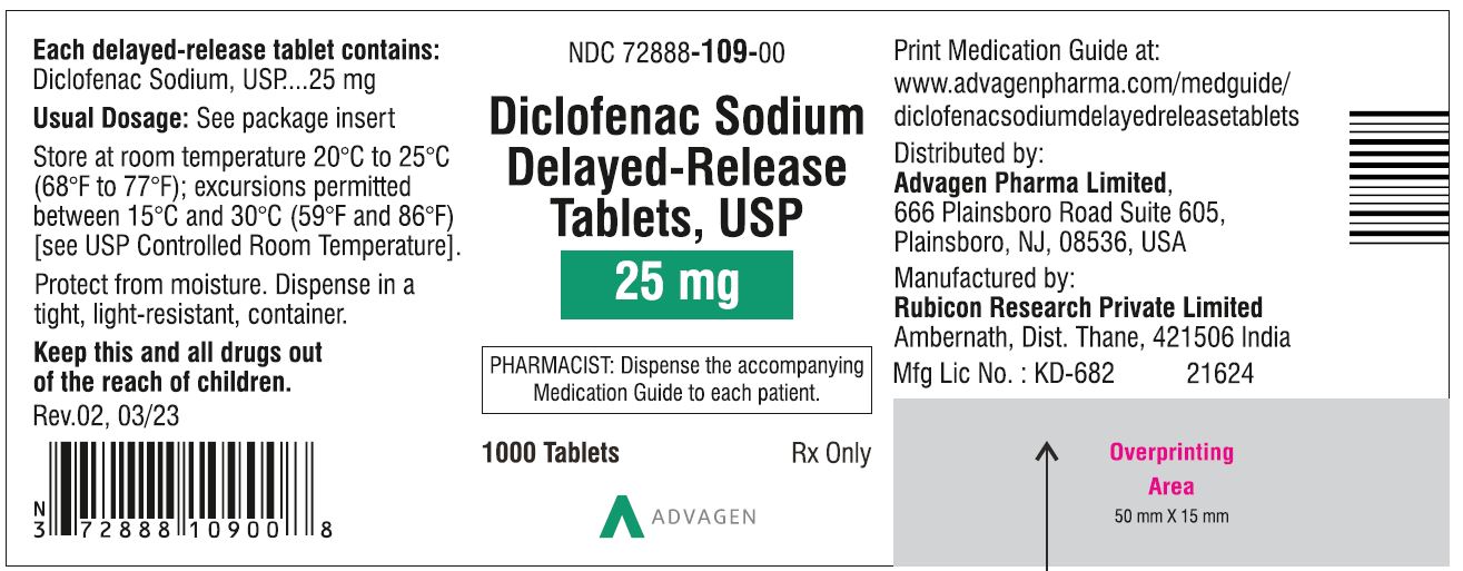 Diclofenac Sodium DR Tablets 25mg - NDC: <a href=/NDC/72888-109-00>72888-109-00</a> - 1000 Tablets Label