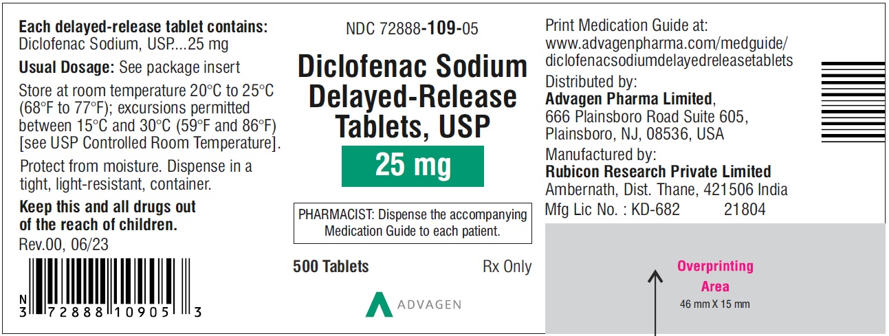 Diclofenac Sodium DR Tablets 25mg - NDC: <a href=/NDC/72888-109-05>72888-109-05</a> - 500 Tablets Label