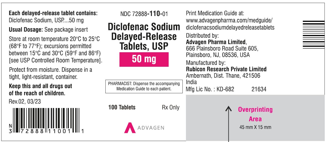 Diclofenac Sodium DR Tablets 50mg - NDC: <a href=/NDC/72888-110-01>72888-110-01</a> - 100 Tablets Label