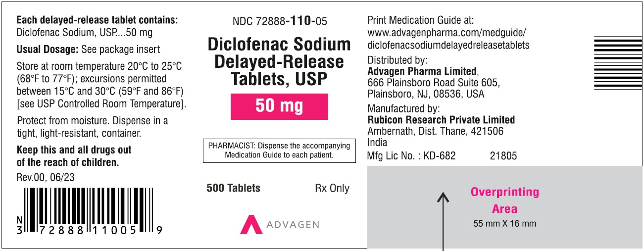 Diclofenac Sodium DR Tablets 50mg - NDC: <a href=/NDC/72888-110-05>72888-110-05</a> - 500 Tablets Label