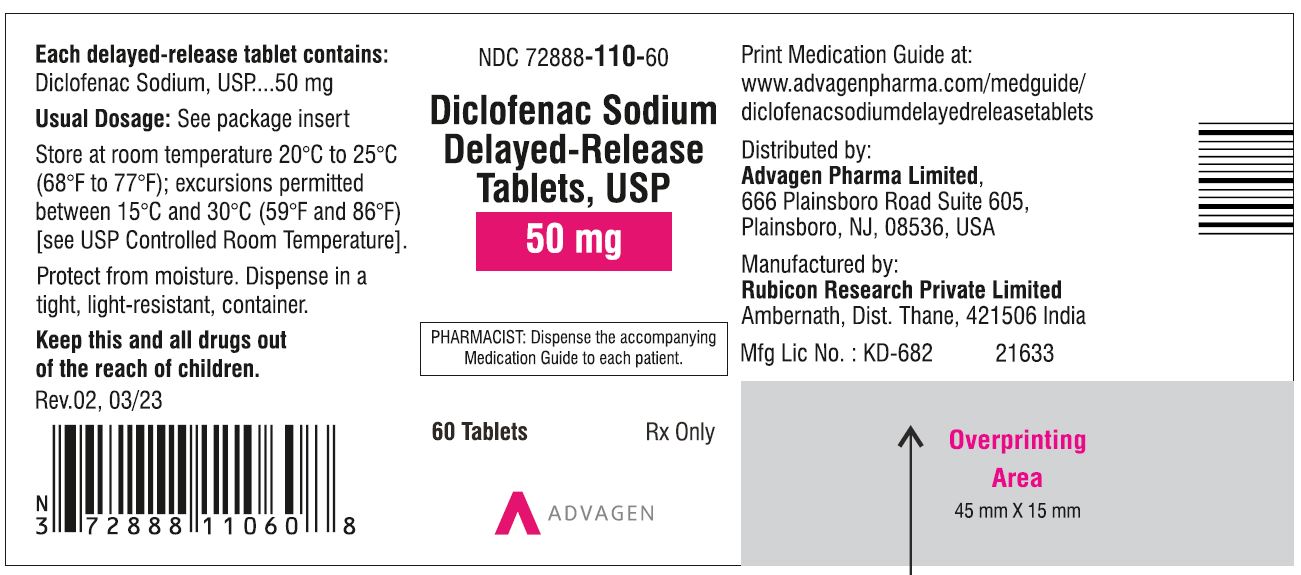 Diclofenac Sodium DR Tablets 50mg - NDC: <a href=/NDC/72888-110-60>72888-110-60</a> - 60 Tablets Label