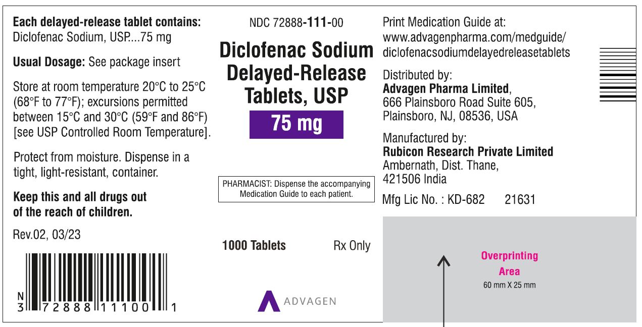 Diclofenac Sodium DR Tablets 75mg - NDC: <a href=/NDC/72888-111-00>72888-111-00</a> - 1000 Tablets Label