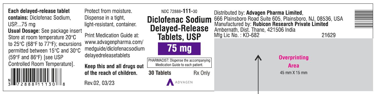 Diclofenac Sodium DR Tablets 75mg - NDC: <a href=/NDC/72888-111-30>72888-111-30</a> - 30 Tablets Label