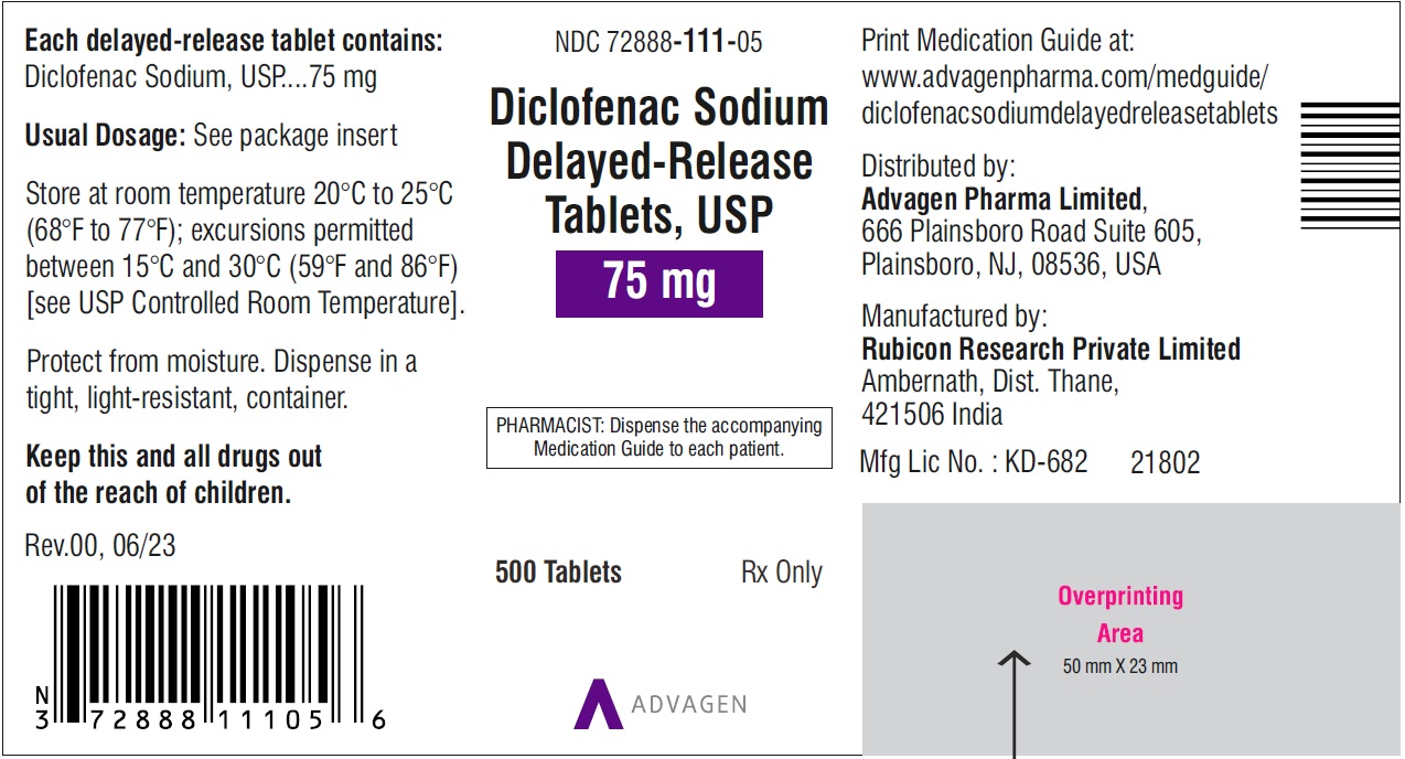 Diclofenac Sodium DR Tablets 75mg - NDC: <a href=/NDC/72888-111-05>72888-111-05</a> - 500 Tablets Label