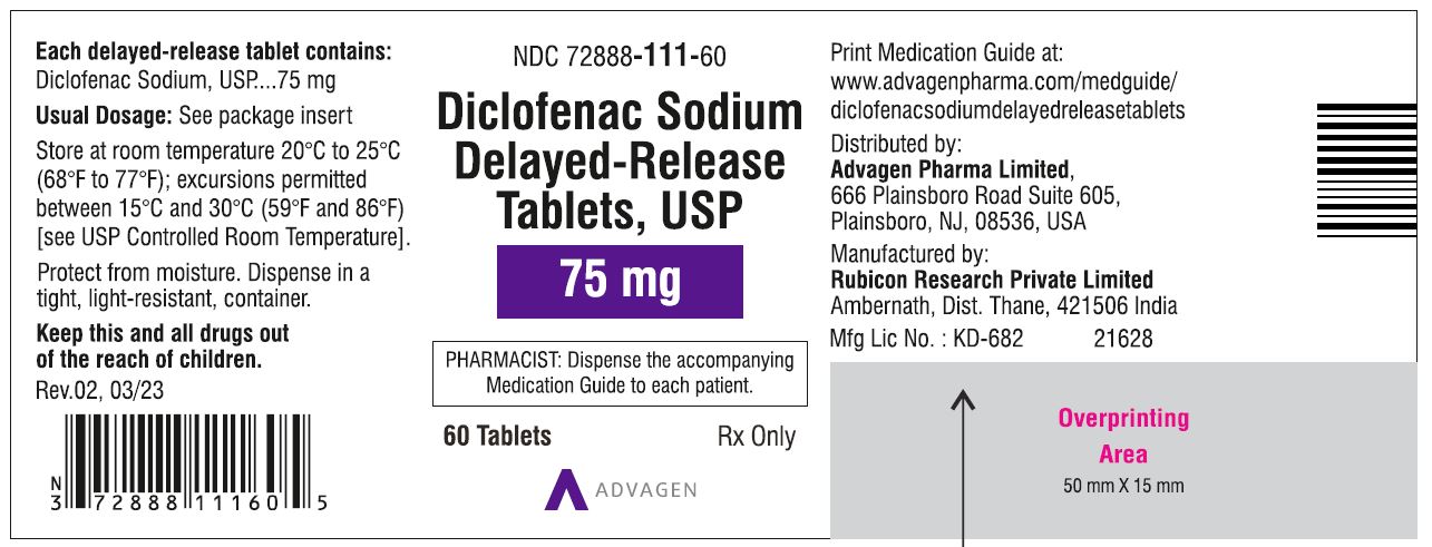 Diclofenac Sodium DR Tablets 75mg - NDC: <a href=/NDC/72888-111-60>72888-111-60</a> - 60 Tablets Label