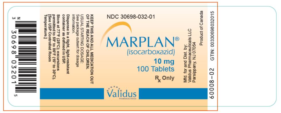 PRINCIPAL DISPLAY PANEL
NDC: <a href=/NDC/30698-032-01>30698-032-01</a>
MARPLAN® 
(isocarboxazid) 
10 mg
100 Tablets
Rx Only
