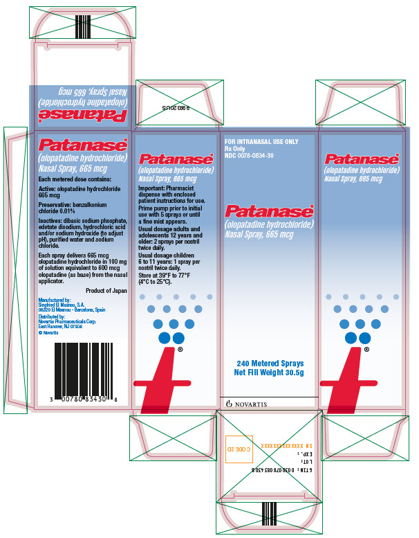 PRINCIPAL DISPLAY PANEL
							FOR INTRANASAL USE ONLY
							Rx Only
							NDC: <a href=/NDC/0078-0834-30>0078-0834-30</a>
							Patanase®
							(olopatadine hydrochloride)
							Nasal Spray, 665 mcg
							240 Metered Sprays Net Fill Weight 30.5g
							NOVARTIS
							