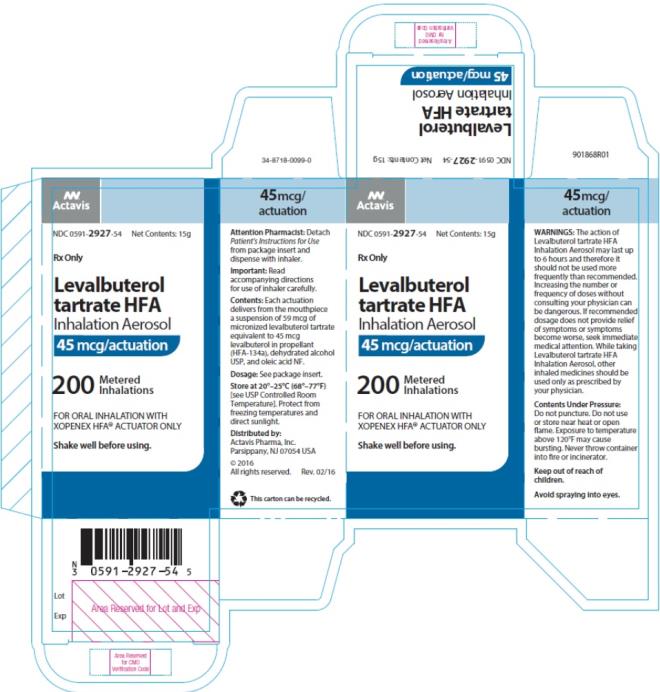 PRINCIPAL DISPLAY PANEL NDC: <a href=/NDC/0591-2927-54>0591-2927-54</a> Levalbuterol Tartrate HFA 45 mcg/actuation 200 metered inhalation Rx Only