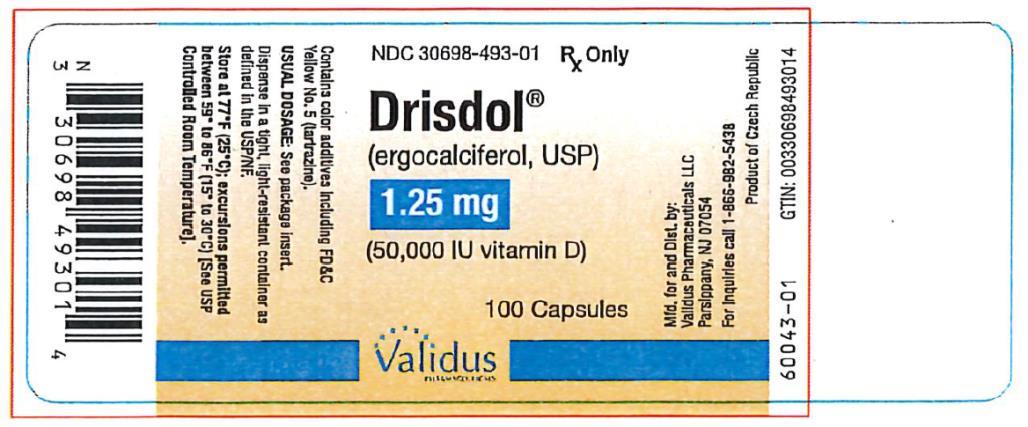 PRINCIPAL DISPLAY PANEL
NDC: <a href=/NDC/30698-493-01>30698-493-01</a>
Drisdol
(ergocalciferol, USP)
1.25
(50,000 IU vitamin D)
100 Capsules
Rx Only
