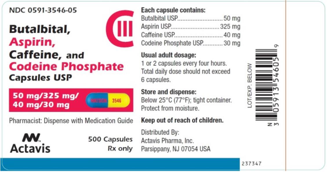 PRINCIPAL DISPLAY PANEL
NDC: <a href=/NDC/0591-3546-05>0591-3546-05</a>
Butalbital, 
Aspirin, Caffeine, and 
Codeine Phosphate 
Capsules, USP
50 mg/ 325 mg/
40 mg/ 30 mg
500 Capsules Rx Only

