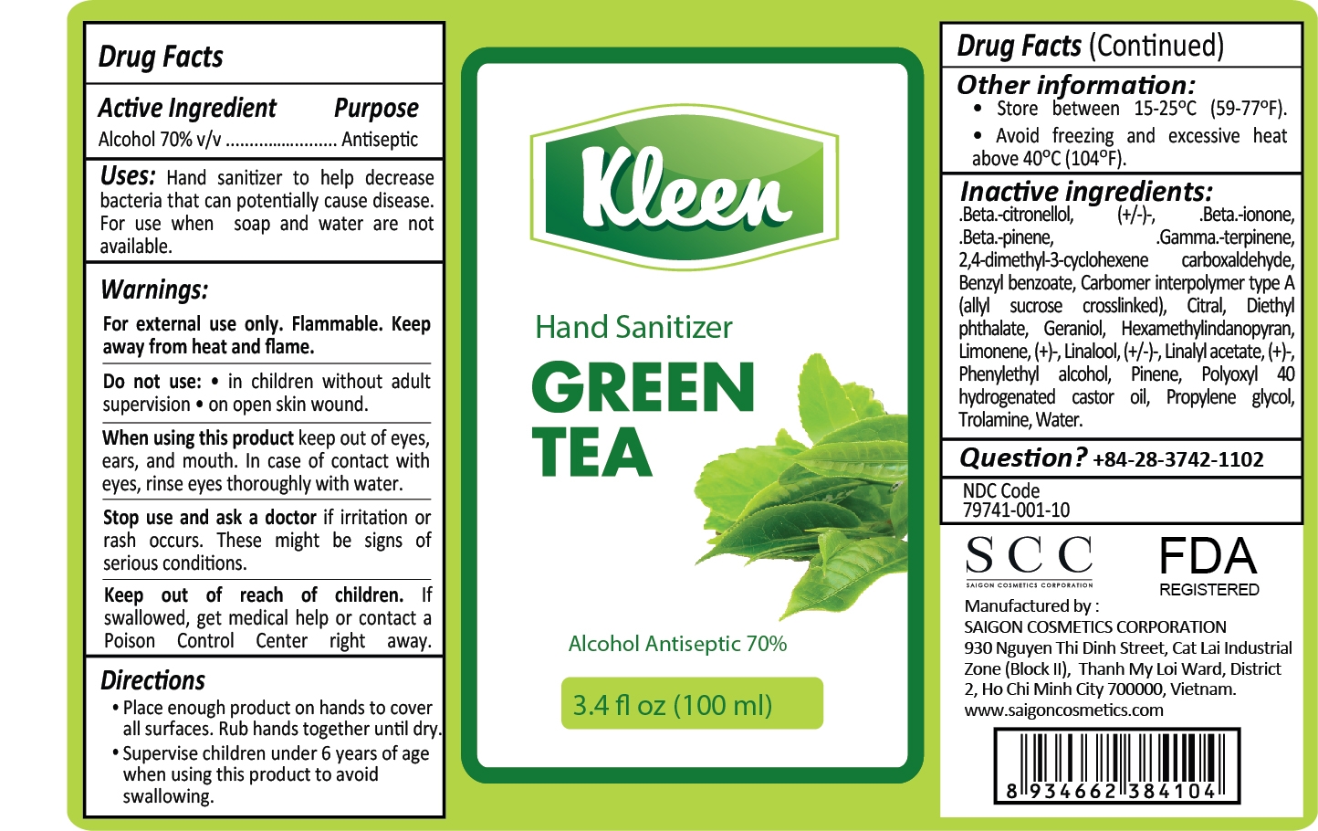 Kleen Hand Sanitizer  Green Tea 100ml Label