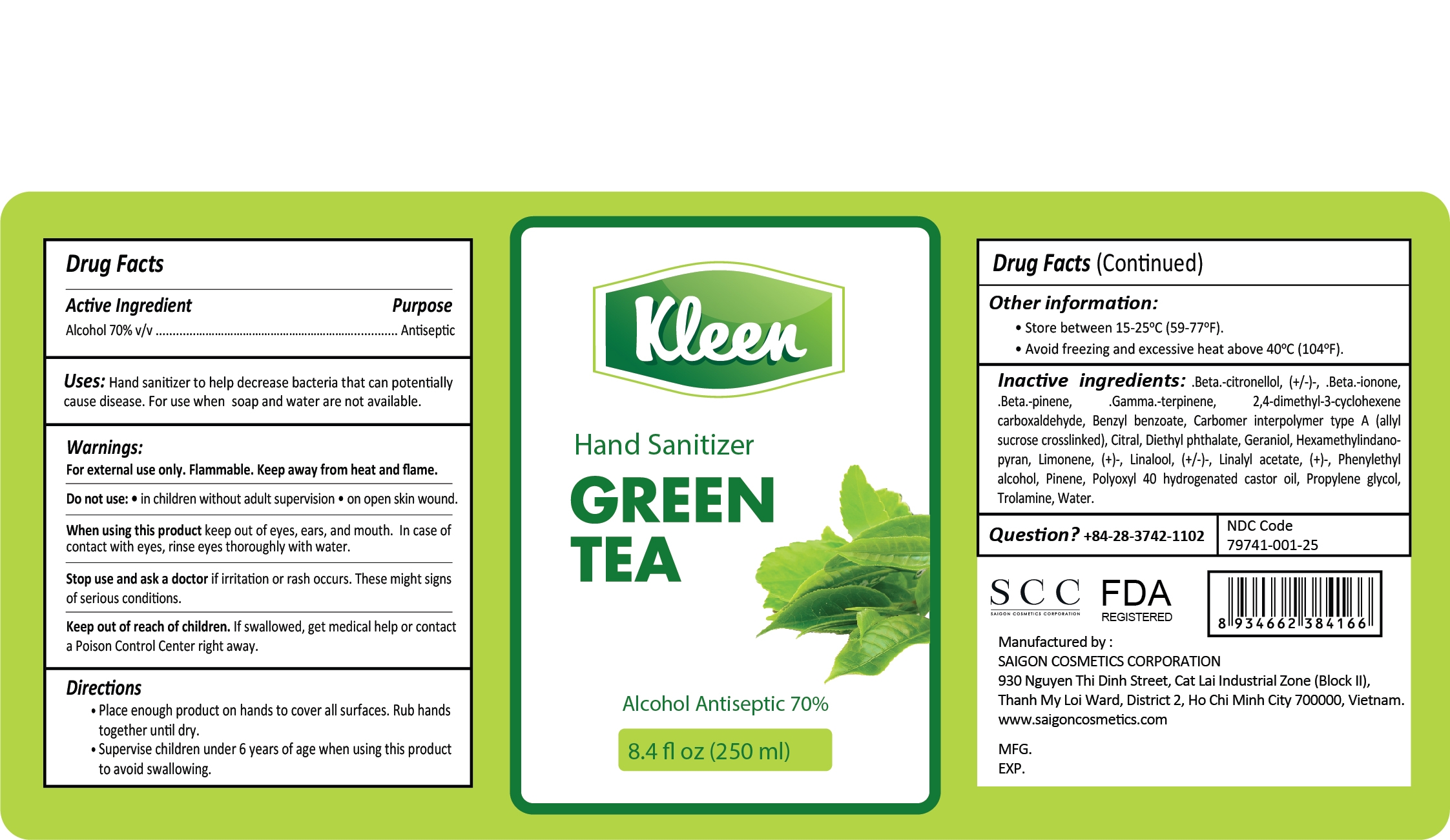 Kleen Hand Sanitizer Green Tea 250 ml Label