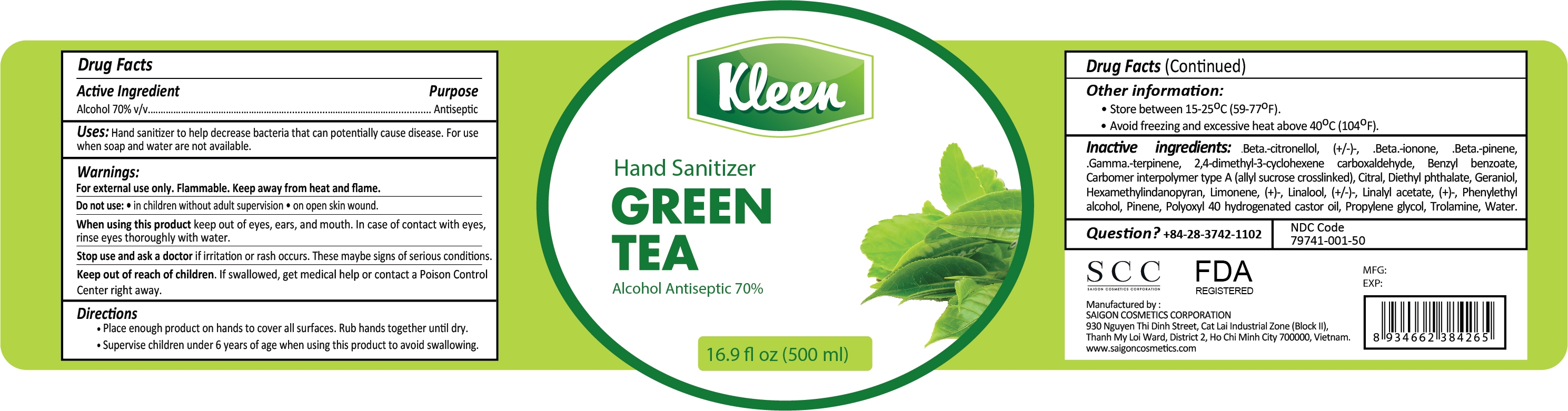 Kleen Hand Sanitizer Green Tea 500ml Label