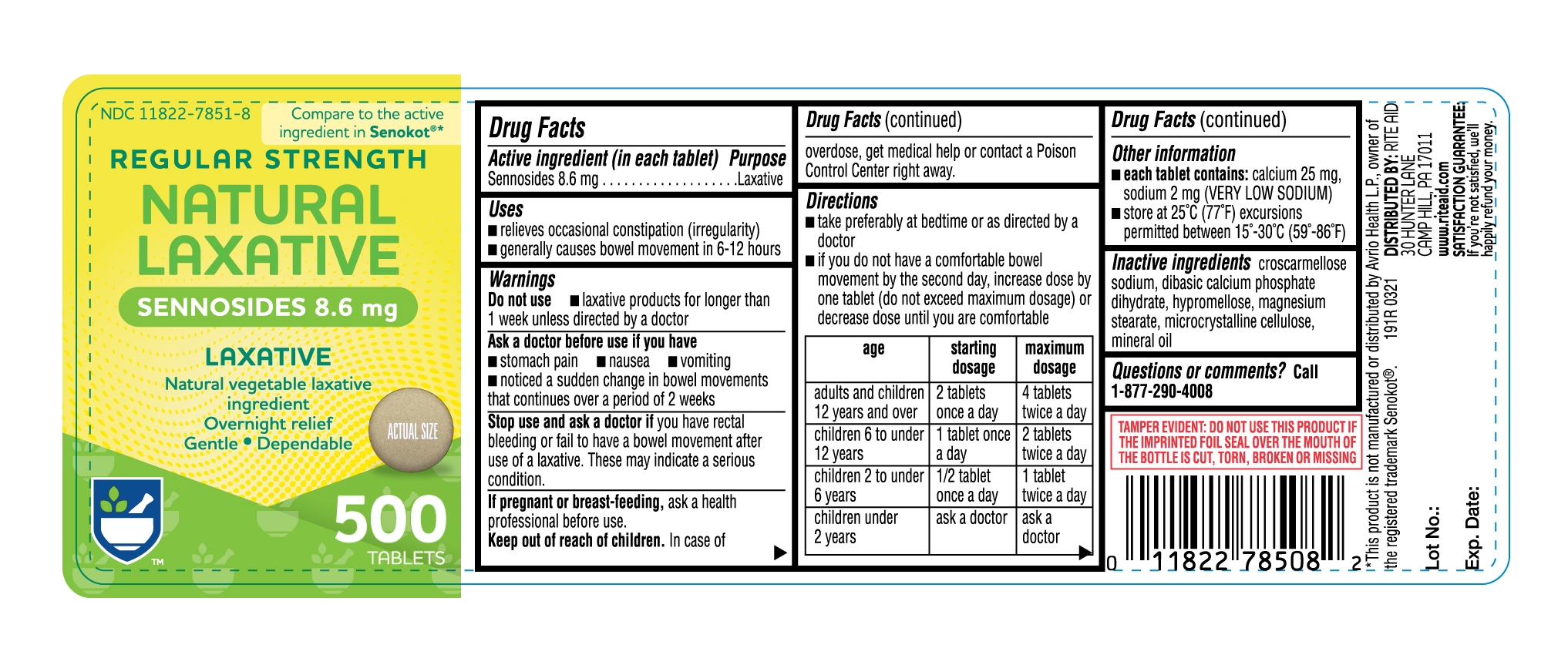 191R-Rite Aid-Natural Laxative Sennosides Tablets-bottle label-500s