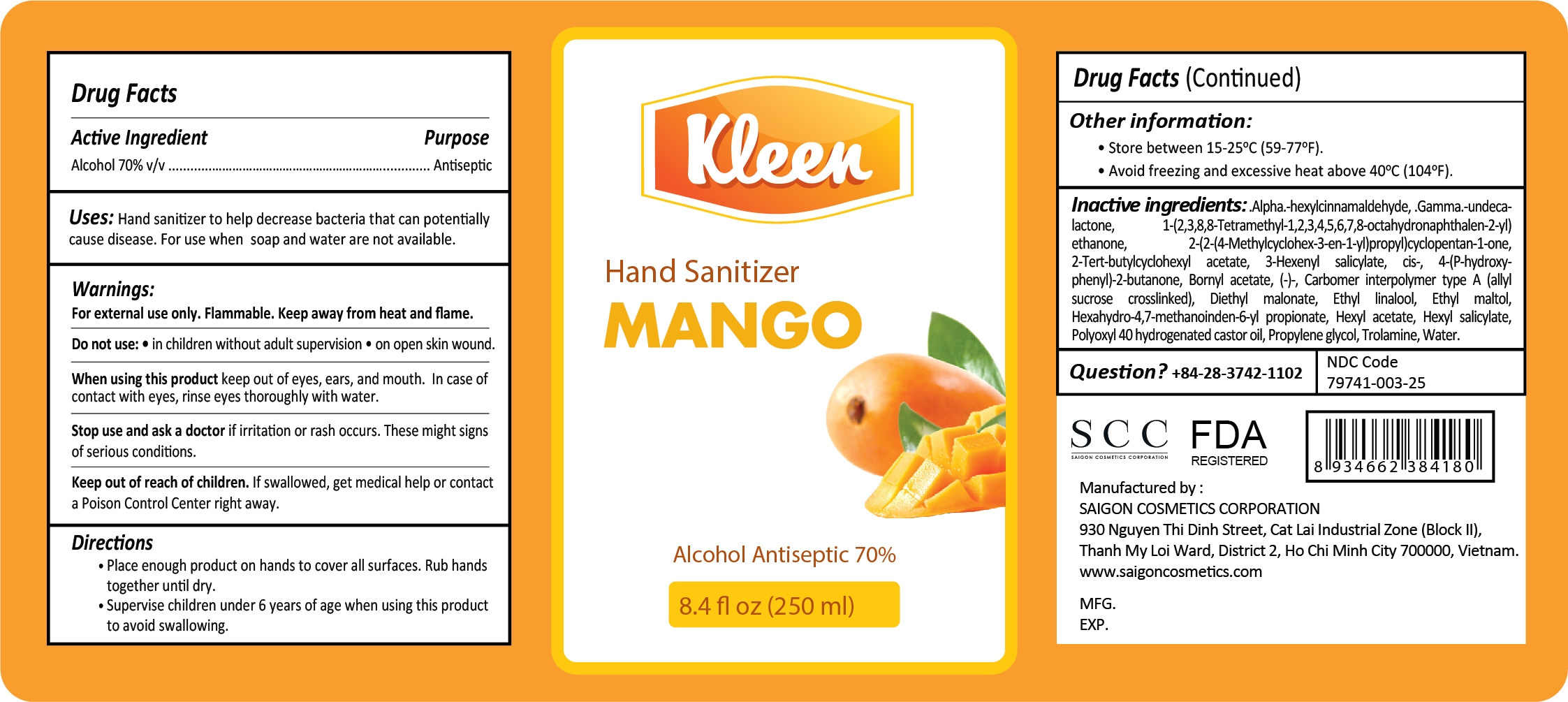 Kleen Hand Sanitizer Mango 250 ml Label