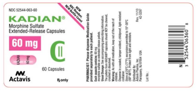 PRINCIPAL DISPLAY PANEL
NDC: <a href=/NDC/52544-063-60>52544-063-60</a>
KADIAN
Morphine Sulfate
extended- Release Capsules
60 mg
60 Capsules
Rx Only
