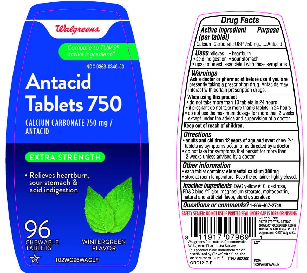 Walgreens Antacid Tablets 750 Extra Strength Wintergreen 96 Chewable Tablets  