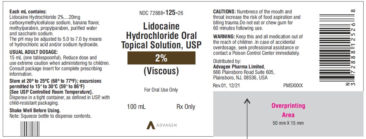 Lidocaine Hydrochloride Oral Topical Solution, USP (Viscous) 2% - NDC: <a href=/NDC/72888-125-26>72888-125-26</a> - 100 mL Bottle label
