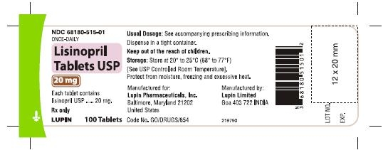 LISINOPRIL TABLETS USP
Rx Only
20 mg
NDC: <a href=/NDC/68180-515-01>68180-515-01</a>
							100 Tablets