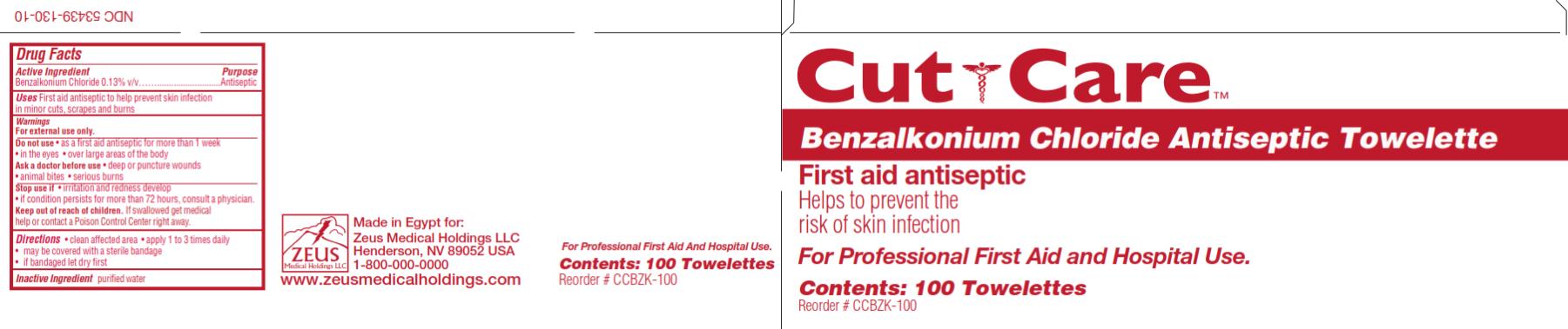 PRINCIPAL DISPLAY PANEL
NDC: <a href=/NDC/53439-130-10>53439-130-10</a>
Cut Care
Benzalkonium Chloride Antiseptic Towelette
First aid antiseptic
Contents: 100 Towelettes
