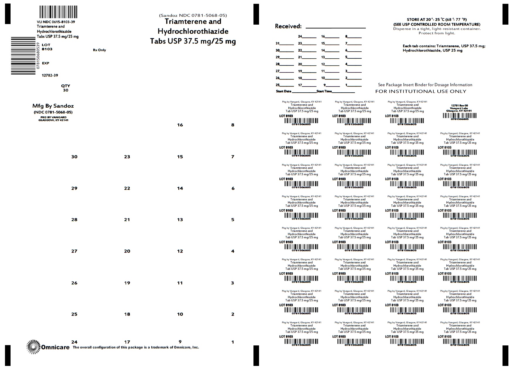 Triamterene and Hydrochlorothiazide Tabs 37.5mg/25mg bingo card label.