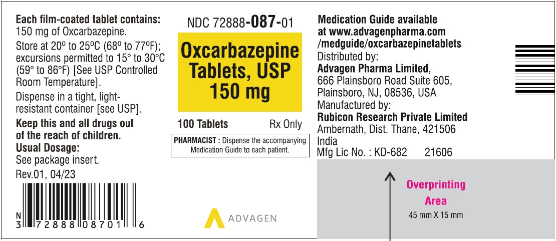 Oxcarbazepine Tablets, USP - 150mg - 100's Tablets - NDC: <a href=/NDC/72888-087-01>72888-087-01</a>