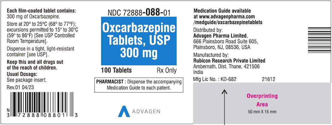 Oxcarbazepine Tablets, USP - 300mg - 100's Tablets - NDC: <a href=/NDC/72888-088-01>72888-088-01</a>
