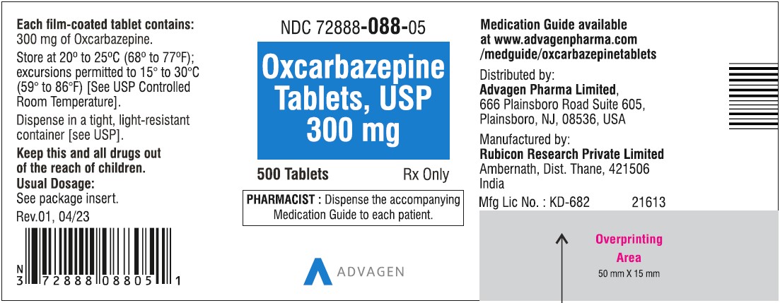Oxcarbazepine Tablets, USP - 300mg - 500's Tablets - NDC: <a href=/NDC/72888-088-05>72888-088-05</a>
