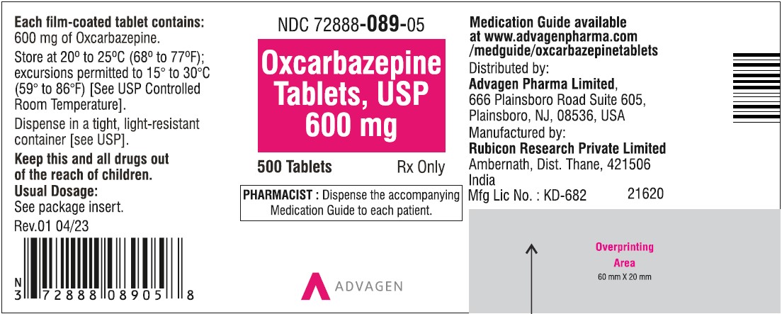 Oxcarbazepine Tablets, USP - 600mg - 500's Tablets - NDC: <a href=/NDC/72888-089-05>72888-089-05</a>
