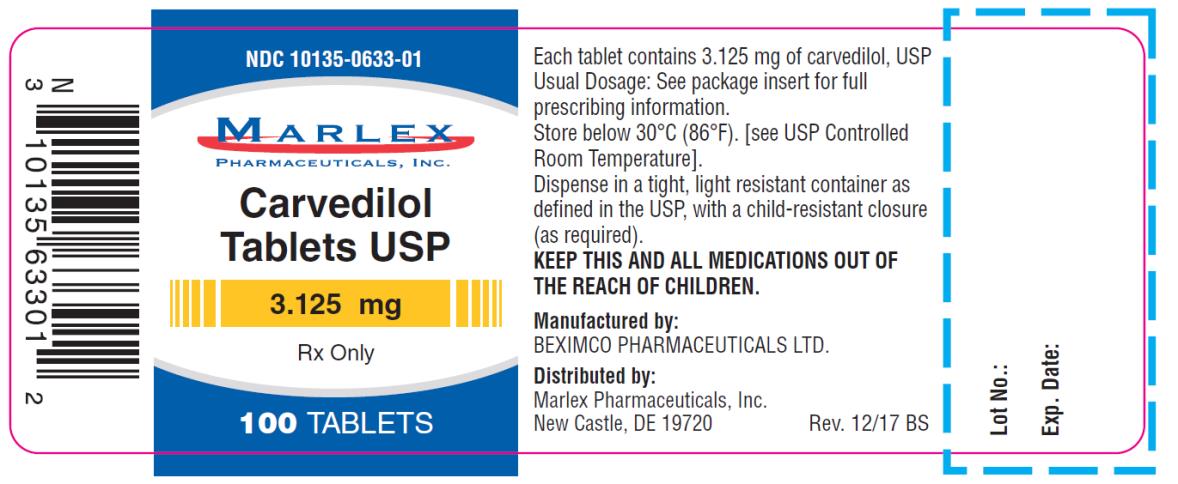 PRINCIPAL DISPLAY PANEL
NDC: <a href=/NDC/10135-0633-0>10135-0633-0</a>1
Carvedilol 
Tablets USP
3.125 mg
100 Tablets
Rx Only
