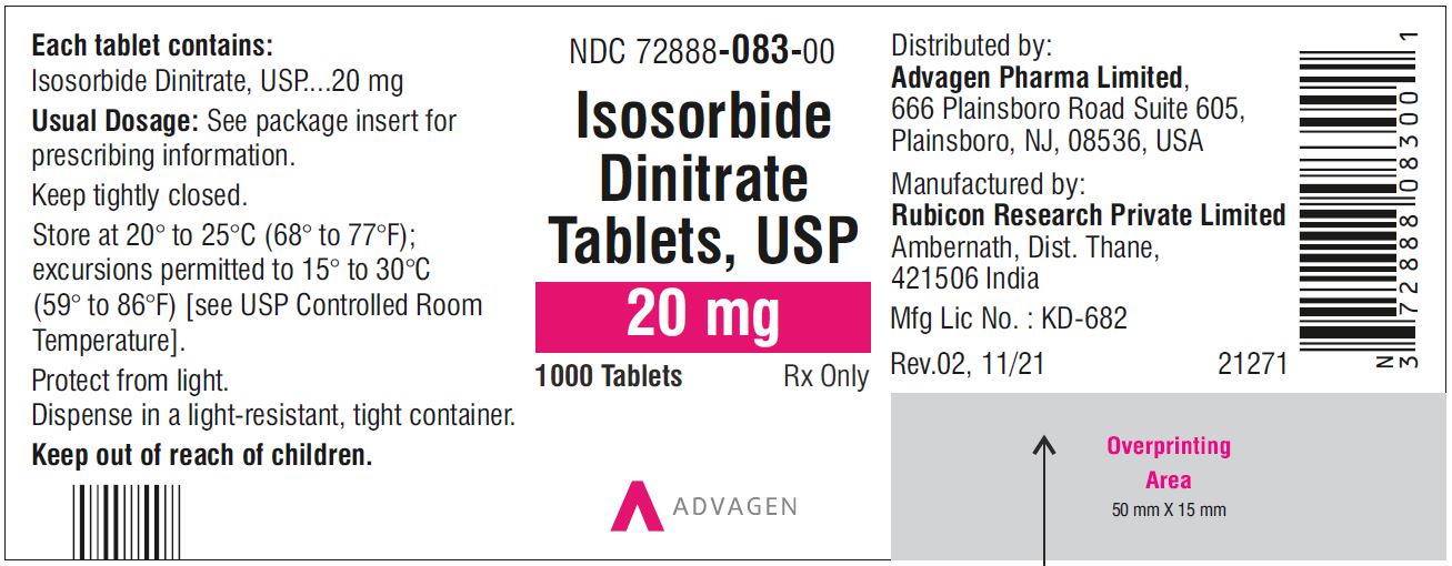 Isosorbide Dinitrate Tablets 20 mg - NDC: <a href=/NDC/72888-083-00>72888-083-00</a> - 1000 Tablets Bottle